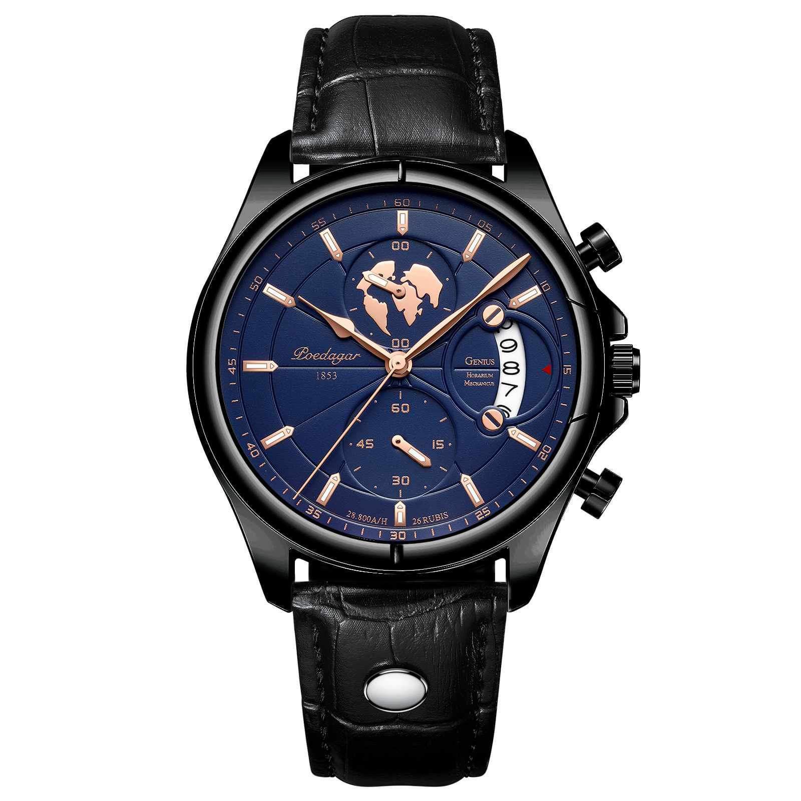 Picture of Poedagar PO802L Black PU Leather Chronograph Wrist Watch For Men - RoyalBlue & Black