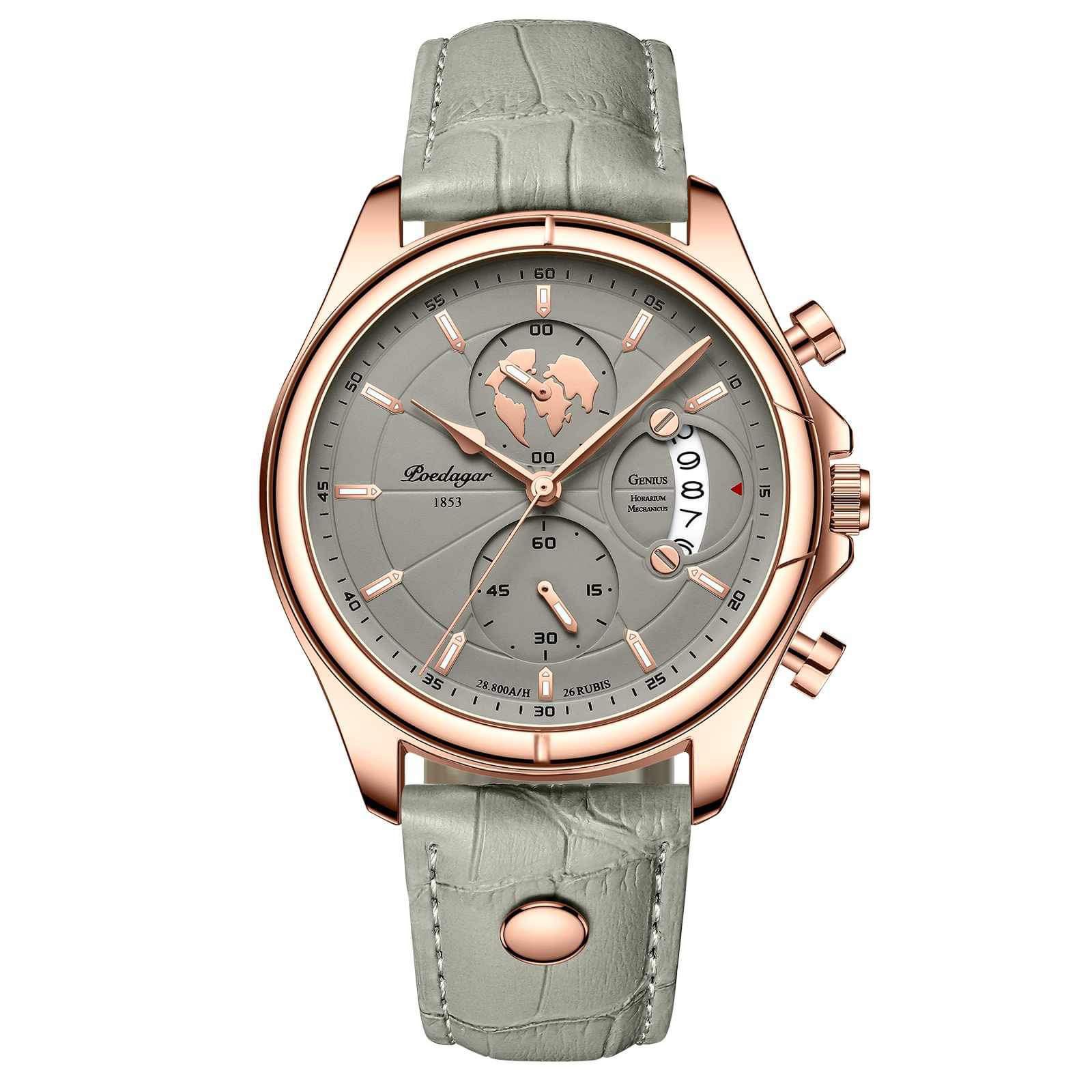 Picture of Poedagar PO802L Green PU Leather Chronograph Wrist Watch For Men - RoseGold & Green