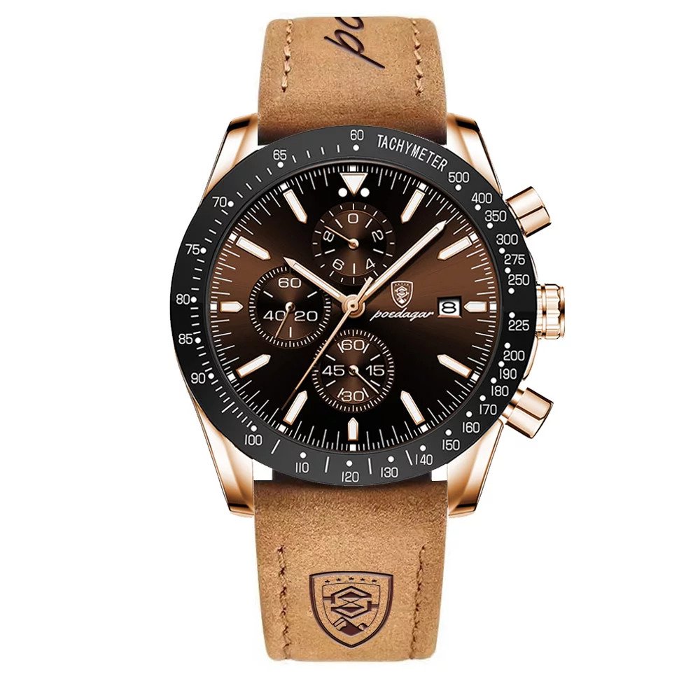 Picture of Poedagar PO988L Brown PU Leather Chronograph Wrist Watch For Men - Bronze & Brown