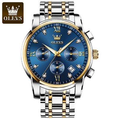 Picture of Olevs 2858 Silver Golden Two Tone Stainless Steel Chronograph Wrist Watch For Men