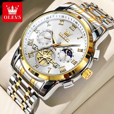Picture of Olevs 2859 Silver Golden Two Tone Stainless Steel Chronograph Wrist Watch For Men