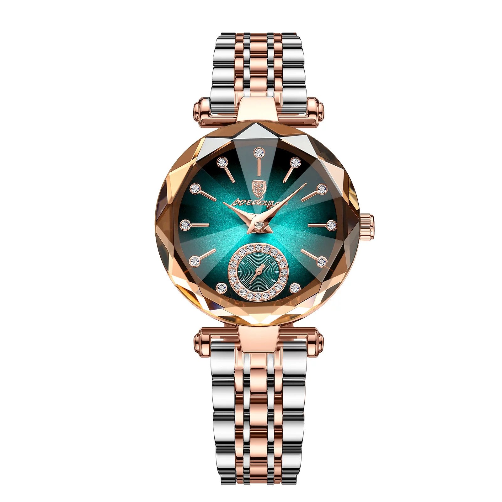 Picture of Poedagar PO719 Silver & RoseGold Two Tone Stainless Steel Analog Wrist Watch For Women - Green & Silver & RoseGold 