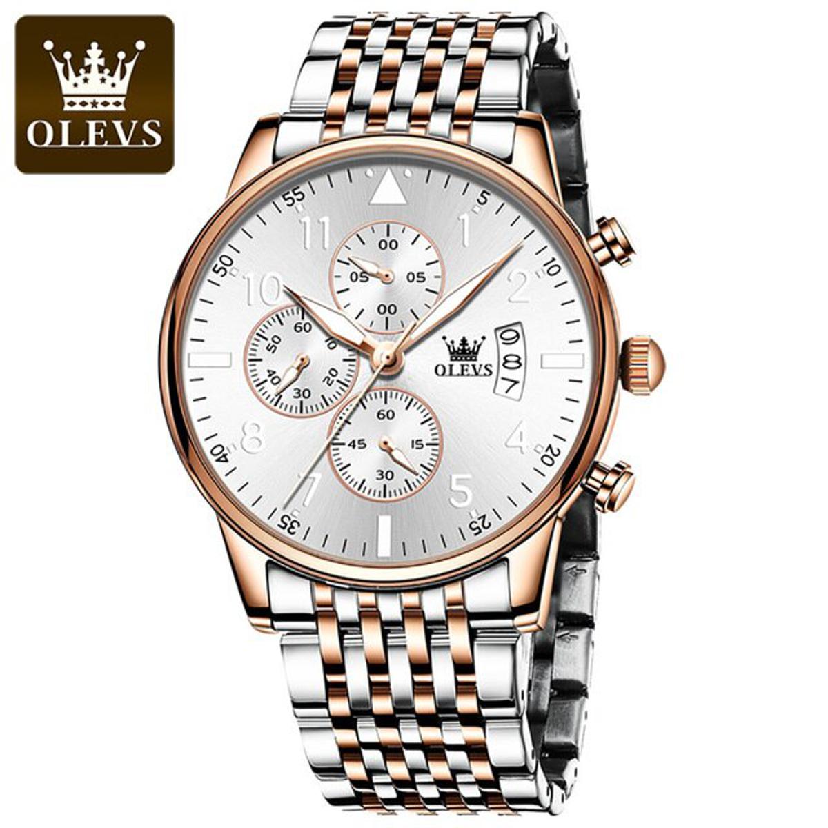 Picture of Olevs 2869 Silver & RoseGold Two Tone Stainless Steel Chronograph Wrist Watch For Men