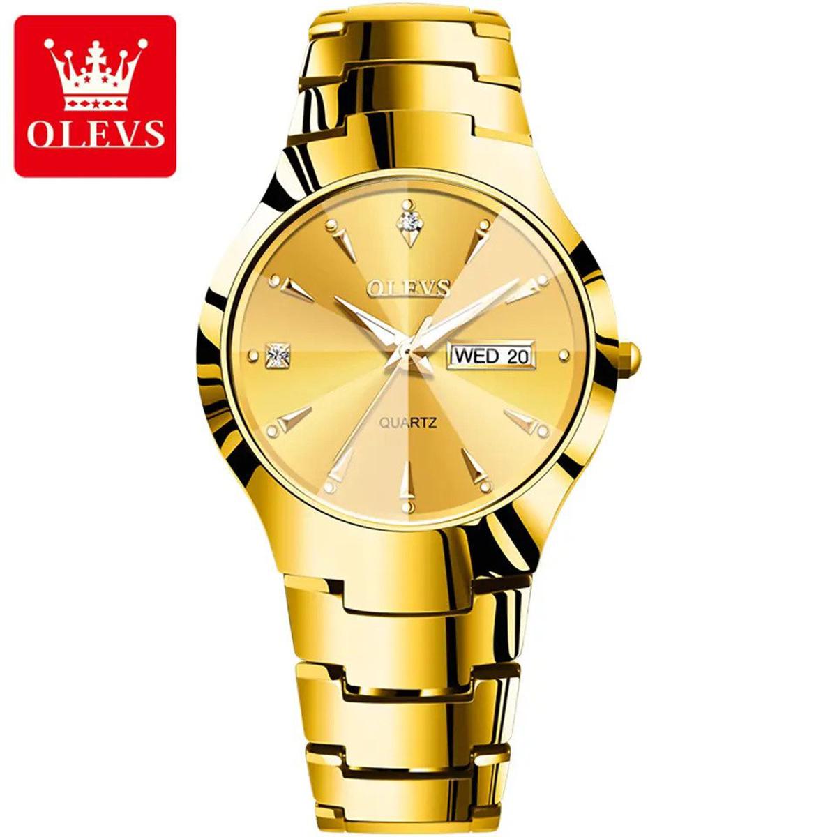 Picture of Olevs 8697 Golden Tungsten Steel Analoge Wrist Watch For Men