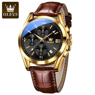 Picture of Olevs 2872 Brown PU Leather Chronograph Wrist Watch For Men