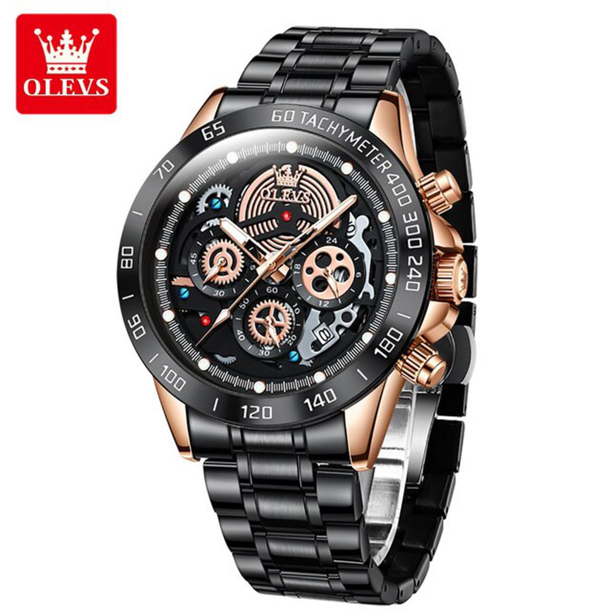 Picture of Olevs 9921 Black Stainless Steel Chronograph Wrist Watch For Men