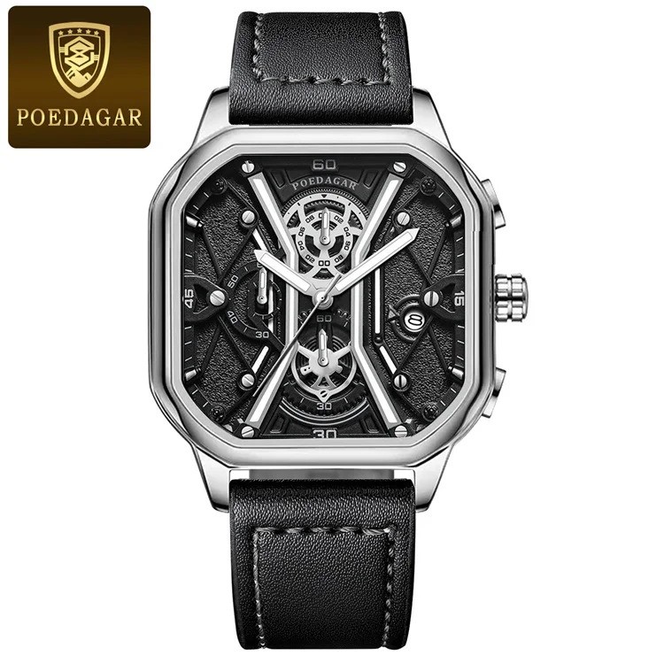 Picture of Poedagar PO922L Black PU Leather Chronograph Wrist Watch For Men - Silver & Black 