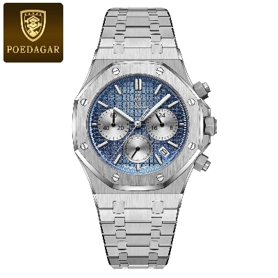 Picture of Poedagar PO926S Silver Stainless Steel Chronograph Wrist Watch For Men - RoyalBlue & Silver