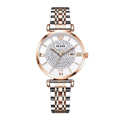 Picture of Olevs 6892  RoseGold & Silver Two Tone Stainless Steel Analog Wrist Watch For Women Full Stone - White & Silver & RoseGold 