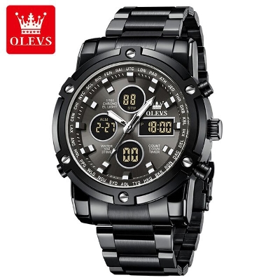 Picture of Olevs 1106 Black Stainless Steel Dual Time Wrist Watch For Men