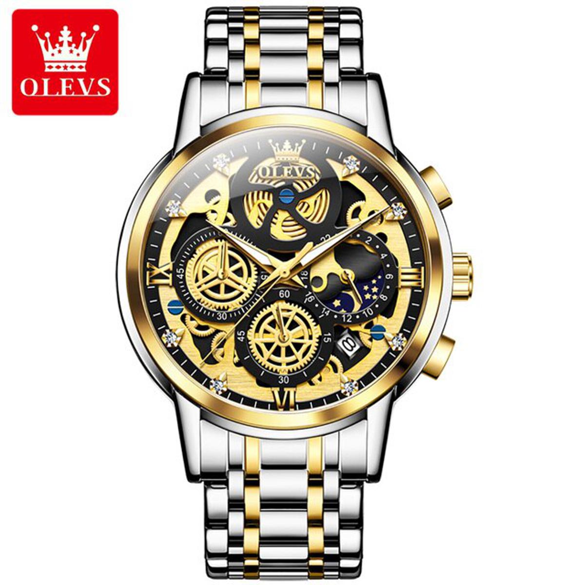 Picture of Olevs 9947 Silver & Golden Two Tone Stainless Steel Chronograph Wrist Watch For Men
