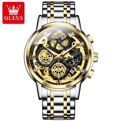 Picture of Olevs 9947 Silver & Golden Two Tone Stainless Steel Chronograph Wrist Watch For Men