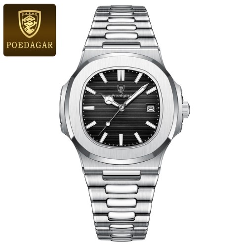 Picture of Poedagar PO613S Silver Stainless Steel Analog Wrist Watch For Men - Black & Silver