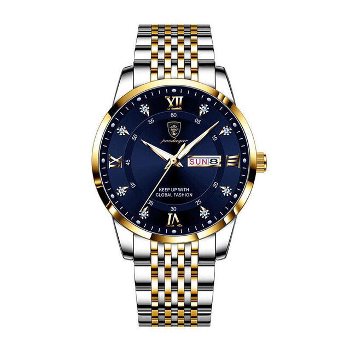 Picture of Poedagar PO836 Silver & Golden Two Tone Stainless Steel Analog Wrist Watch For Men - RoyalBlue & Silver & Golden 