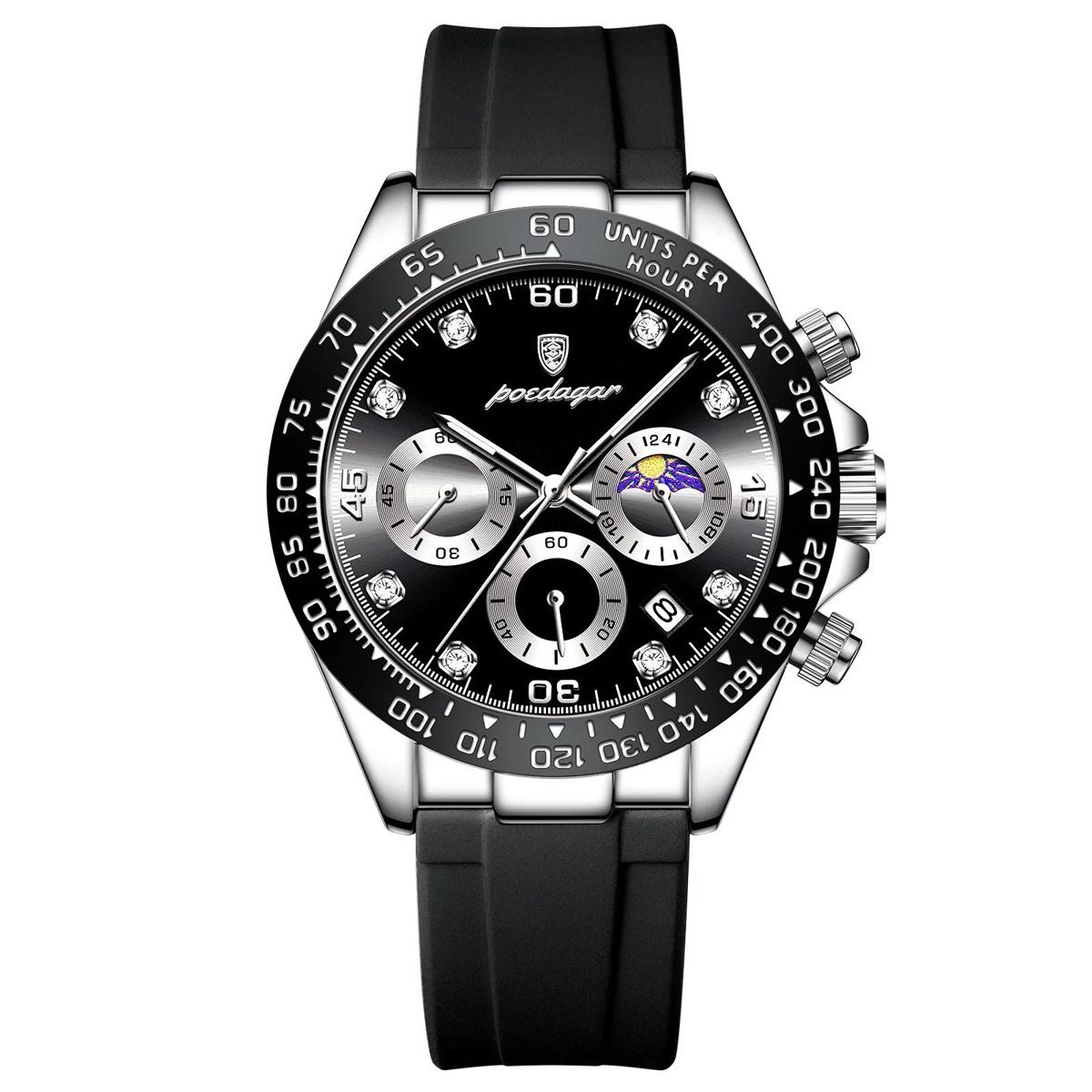 Picture of Poedagar PO629F Black TPU Rubber Chronograph Wrist Watch For Men - Silver & Black