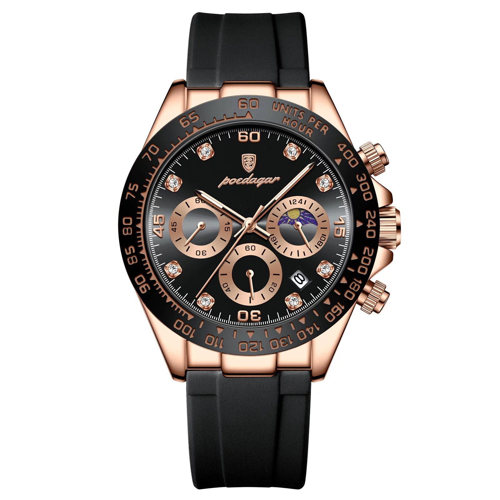 Picture of Poedagar PO629F Black TPU Rubber Chronograph Wrist Watch For Men - Black