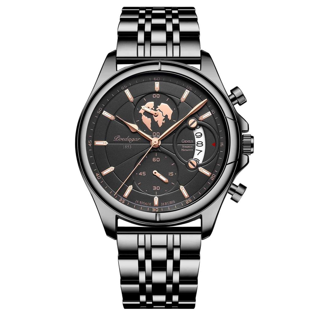 Picture of Poedagar PO802S Black Stainless Steel Analog Wrist Watch For Men - Black 
