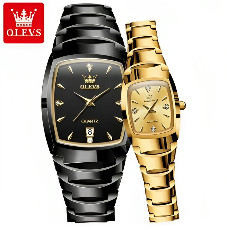 Picture of OLEVS 7006C Black & Golden Tungsten Steel Analog Wrist Watch For Couple