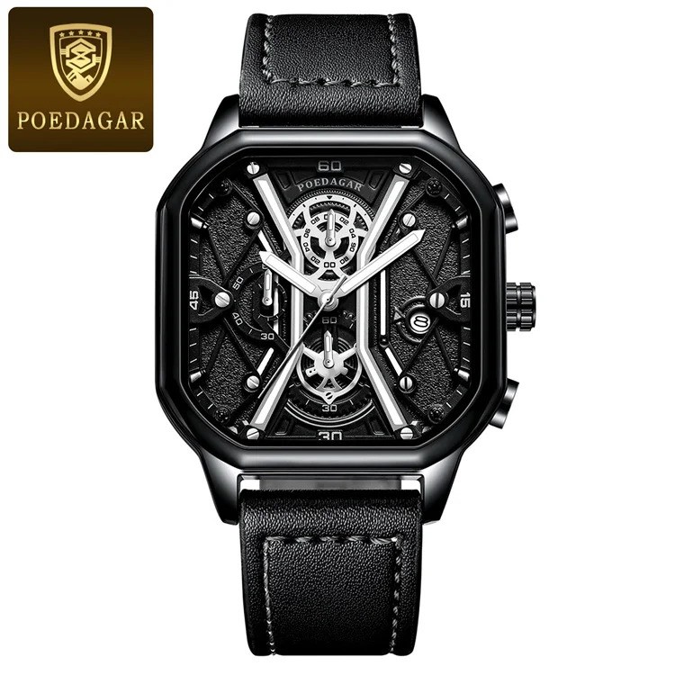 Picture of Poedagar PO922L Black PU Leather Steel Chronograph Wrist Watch For Men - Black 