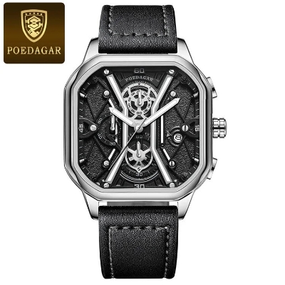 Picture of Poedagar PO922L Black PU Leather Chronograph Wrist Watch For Men - Silver & Black 