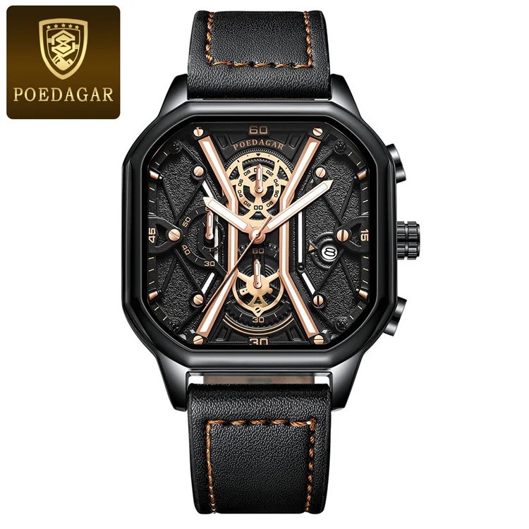 Picture of Poedagar PO922L Black PU Leather Chronograph Wrist Watch For Men - RoseGold & Black 