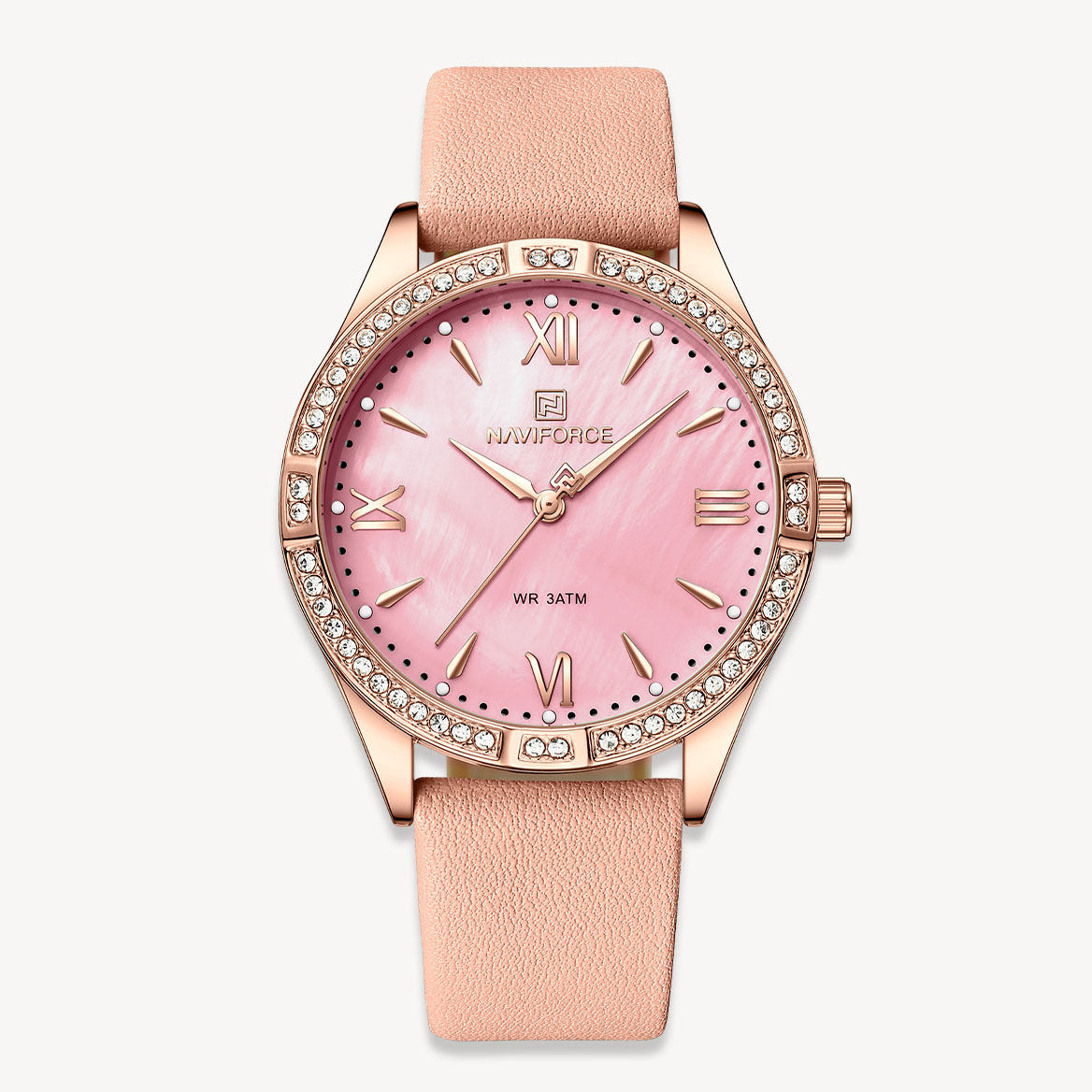 Picture of NAVIFORCE NF5038L Pink PU Leather Analog Watch For Women - Pink & RoseGold