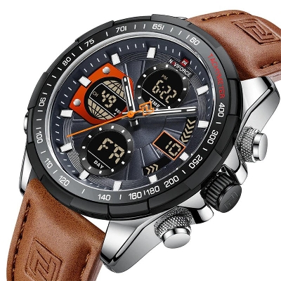 Picture of NAVIFORCE NF9197 Dark Brown PU Leather Dual Time Watch For Men - Silver & Dark Brown
