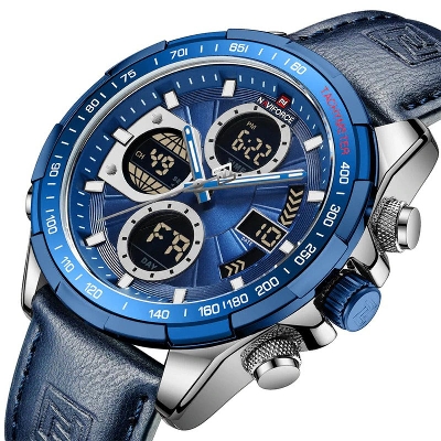 Picture of NAVIFORCE NF9197 Navy Blue PU Leather Dual Time Watch For Men - Silver & Navy Blue