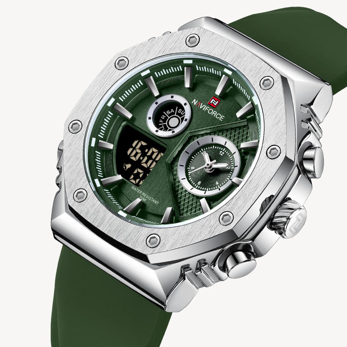 Picture of NAVIFORCE NF9216 Green TPU Silicone Strap Dual Time Watch For Men - Silver & Green
