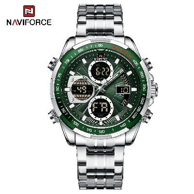 Picture of NAVIFORCE NF9197 Silver Stainless Steel Dual Time Watch For Men - Green & Silver