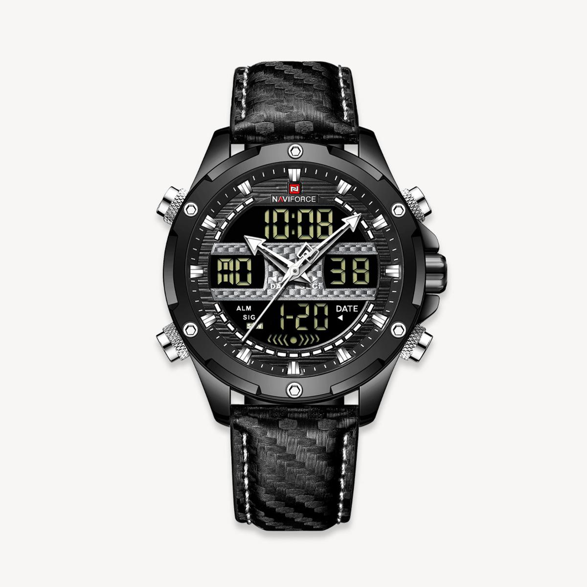 Picture of NAVIFORCE NF9194 Black PU Leather Dual Time Watch For Men - White & Black