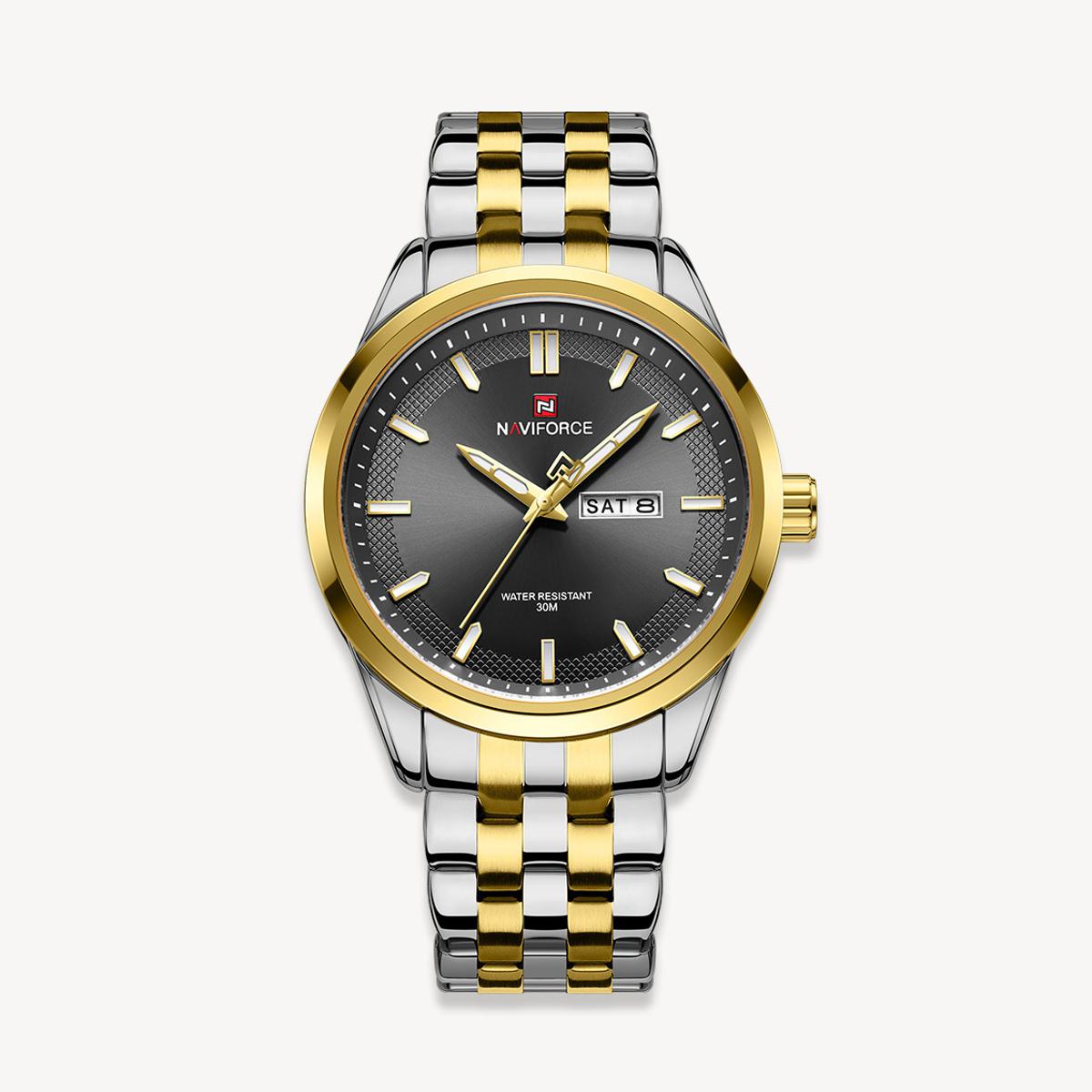 Picture of NAVIFORCE NF9203 Silver And Golden Two-tone Stainless Steel Analog Watch For Men - Black & Golden