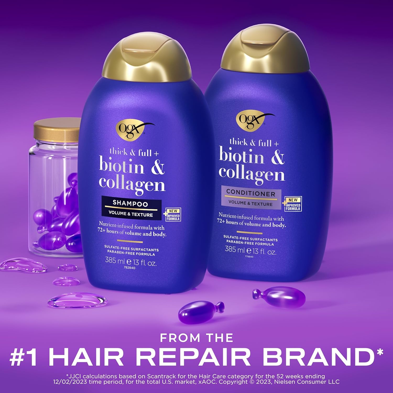 Picture of International Italy Product OGX Thick & Full + Biotin & Collagen Volumizing Shampoo & Conditioner Set, Nutrient-Infused Conditioner with Vitamin B7 Biotin Gives Hair Volume & Body for 72+ Hours Used For Male /female -each..(385+385Ml)