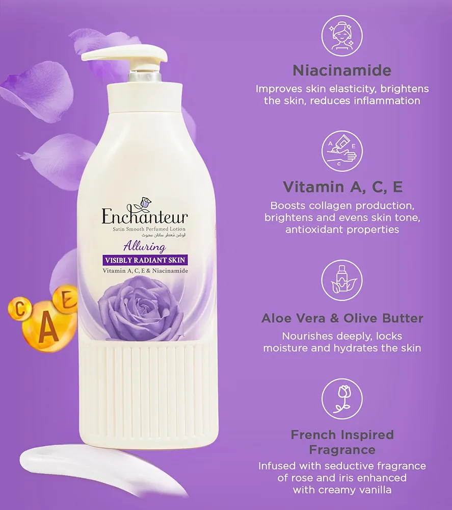 Picture of International Malaysian product Enchanteur Perfume body Lotion Alluring Satin smooth Aloe vera & olive Butter for used male /female 500 Ml