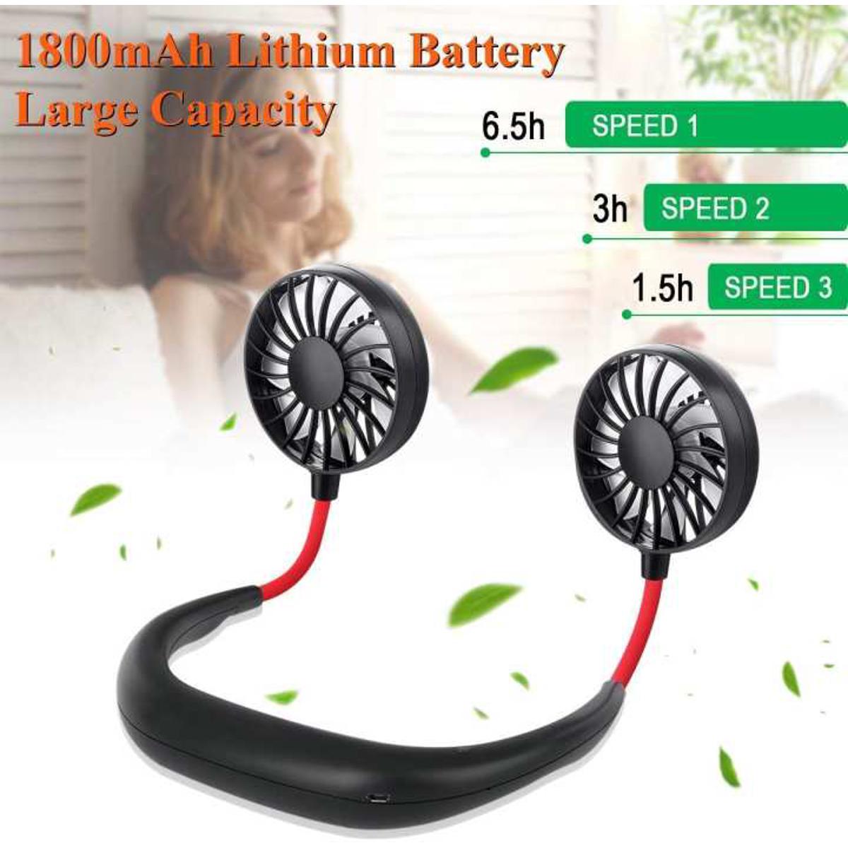 Picture of USB Rechargeable Wearable Portable Hand Free Neckband Fan Personal Mini Neck Double Fans 3 Speed Adjustable for Outdoor-Multicolour