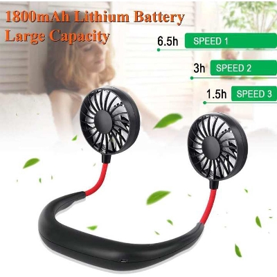 Picture of USB Rechargeable Wearable Portable Hand Free Neckband Fan Personal Mini Neck Double Fans 3 Speed Adjustable for Outdoor-Multicolour