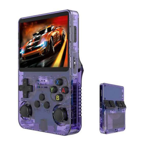 Picture of R36S Handheld Game Console 3.5-inch Retro Handheld Video Games Consoles Built-in Battery Portable Style Hand Held System Purple Transparent