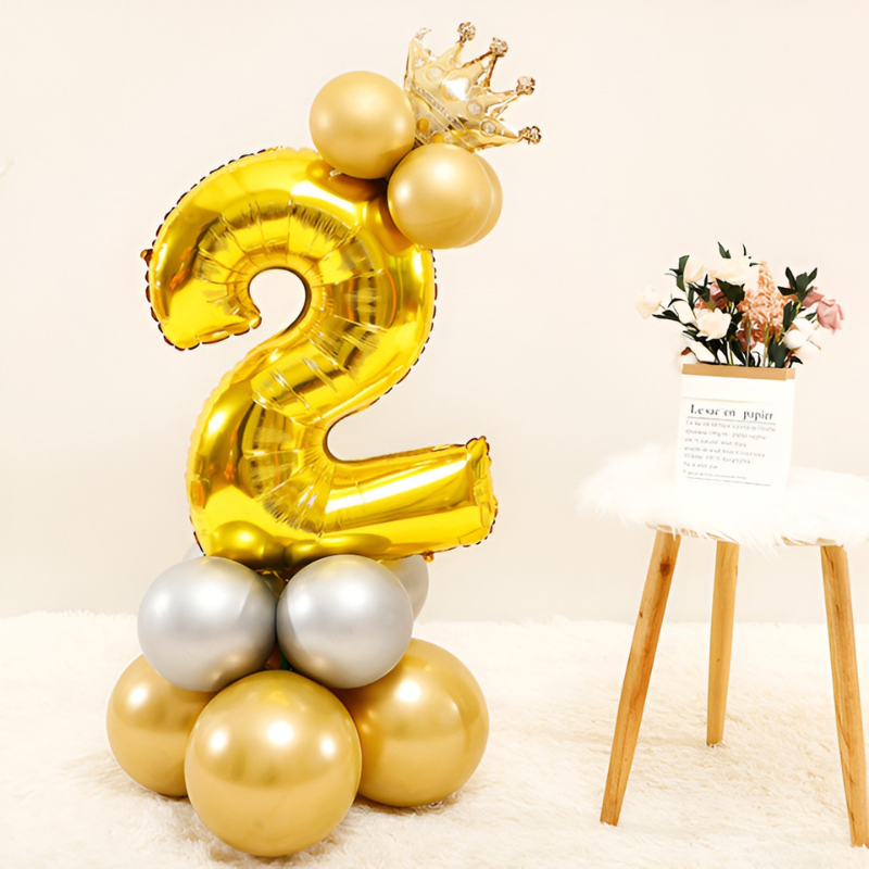 32” Number Foil Balloons with Mini Crown Topper – Ideal for Birthday, Wedding Anniversary & Party Decorations (12 Pcs Pack)