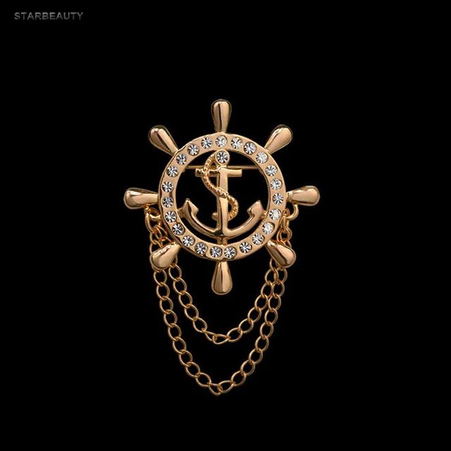 Picture of Golden Rudder Anchor Brooch Mens Suit Boutonniere Badge Korean Brooches For Men Lapel Pin Women Broches Chain Christmas Gift - Hijab Pin