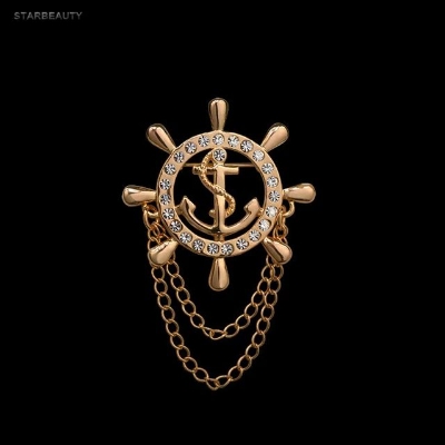 Picture of Golden Rudder Anchor Brooch Mens Suit Boutonniere Badge Korean Brooches For Men Lapel Pin Women Broches Chain Christmas Gift - Hijab Pin