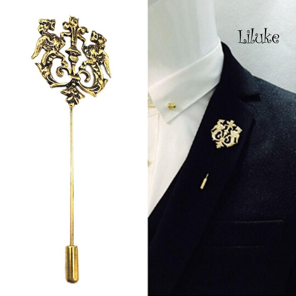 Picture of Archer Vintage Men Hollow Double Lion Brooch Pin Lapel Clip Wedding Party Jewelry Gift