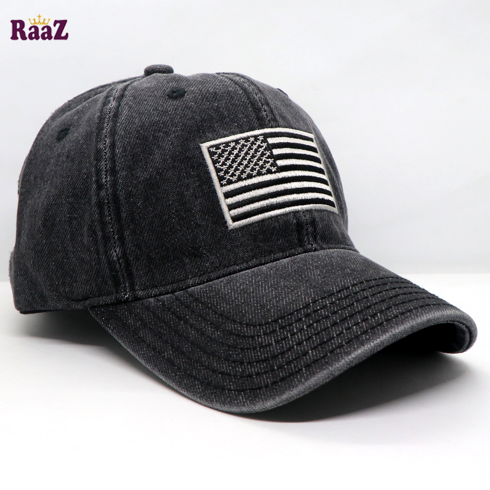 Picture of Black US Flag Embroidery Front Denim Curved Cap