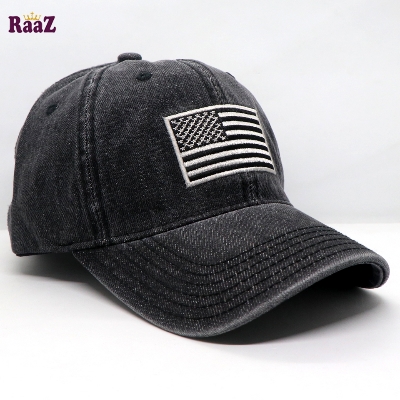 Picture of Black US Flag Embroidery Front Denim Curved Cap