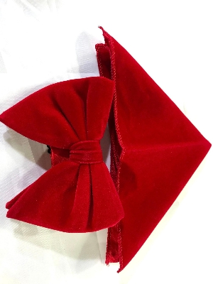 Picture of Velvet Bow Tie And Pocket Square Set For Men (Red)