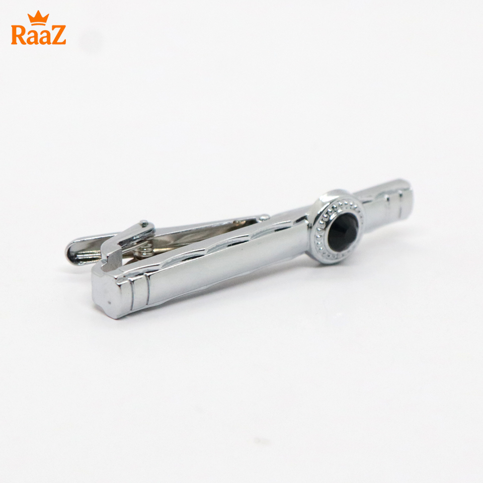 Picture of Silver Black Stone Premium Stainless Steel Tie Clip Bar For Men