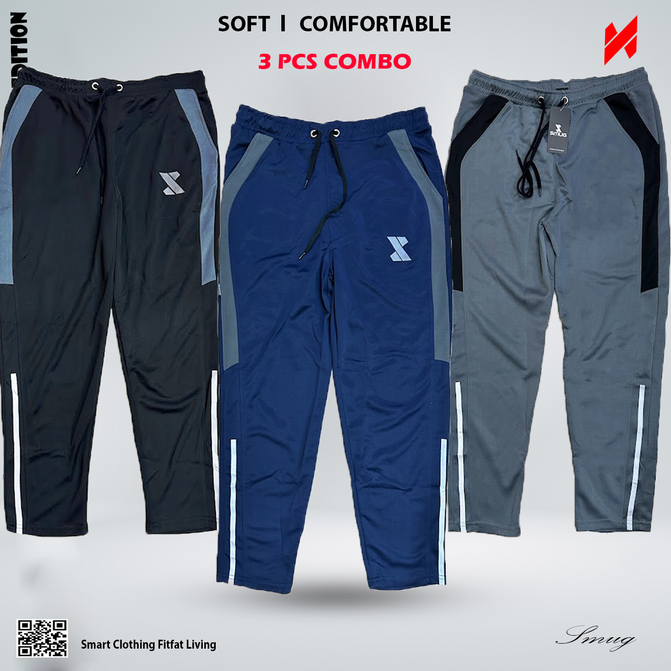 Picture of SMUG Premium Trouser Spandex Fabric – soft and comfortable (Combo)-Black , Grey , Navy- 3pis combo