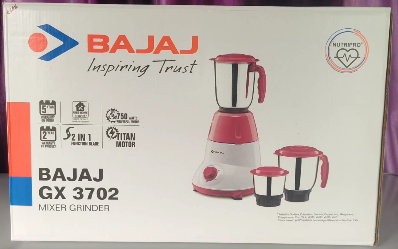 Picture of Bajaj GX 3702 750W Mixer Grinder with Anti-Bacterial Coating and Nutri-Pro Feature, 3 Jars, Crimson Red
