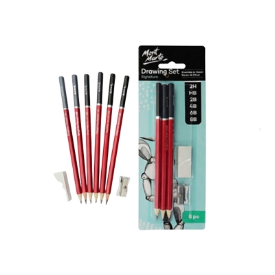 Picture of Mont Marte  6 Pcs graphite pencils - 2H, HB, 2B, 4B, 6B and 8B,Eraser And Metal Sharpener Drawing Set  Of 8 Pcs