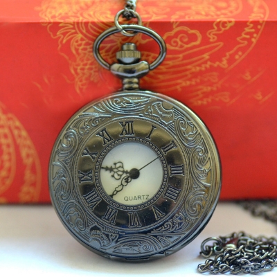 Picture of Black Roman Numerals Quartz Pocket Watch Men Women Black Hollow Case Steampunk Vintage Pendant Necklace Best Gifts for Men Women
