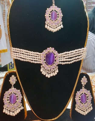 Picture of akik stone choker necklaces with tikli and ear rinngs . women jewellery , ornaments choker